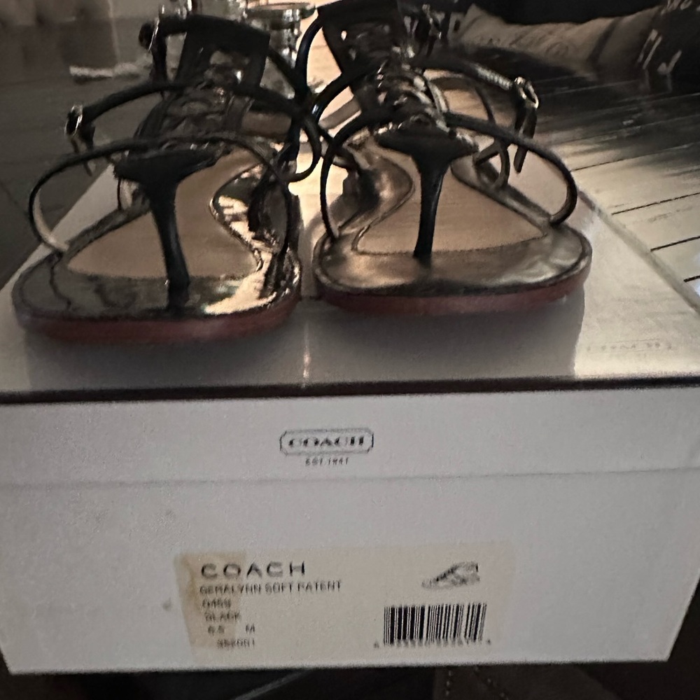 Coach Black Patent T-Strap Sandals with Brown Soles